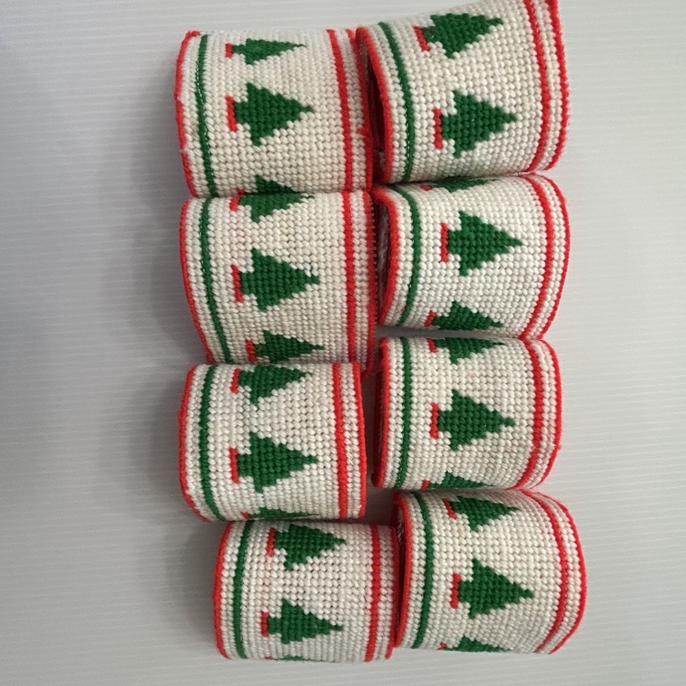 Set Of 8 Vintage Needlepoint Christmas Tree Napkin Rings Red Green Holiday